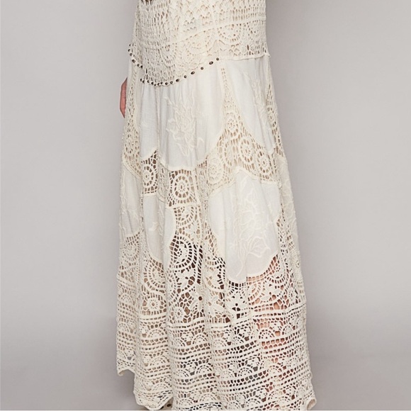 POL Cream Crochet Knit Metallic Beaded Elastic Waist Maxi Skirt - Picture 6 of 9